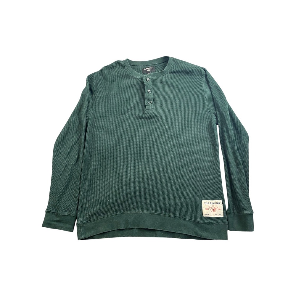 True Religion Men's Green Waffle Knit Long Sleeve Henley Shirt L/G